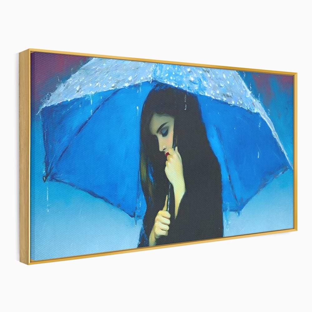 Tablou canvas cu pictura cu femeie sub umbrela albastra, in rama de aluminiu auriu